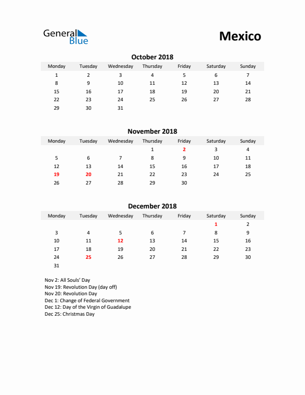 Printable Quarterly Calendar with Notes and Mexico Holidays- Q4 of 2018