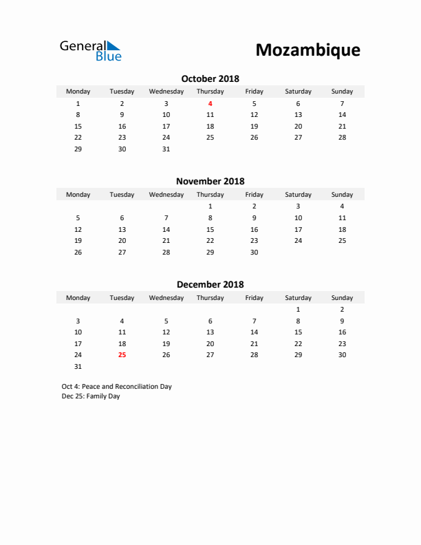 Printable Quarterly Calendar with Notes and Mozambique Holidays- Q4 of 2018