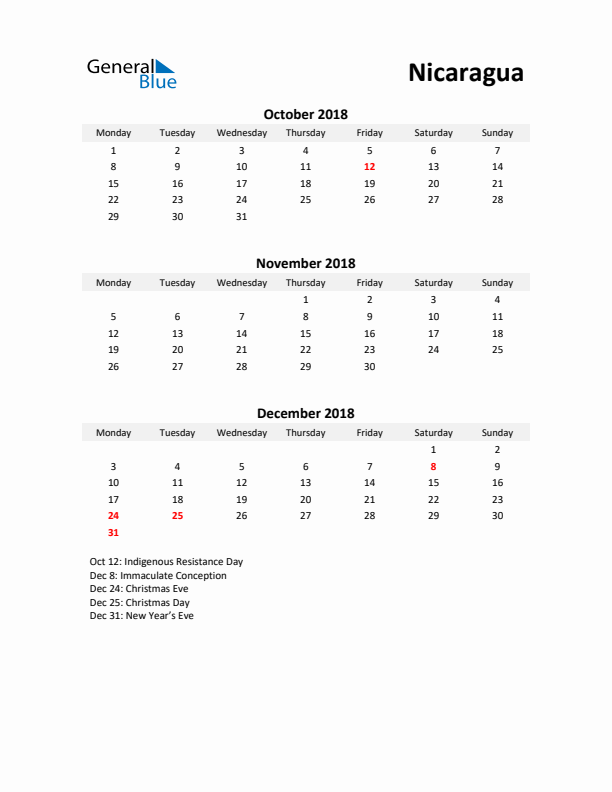 Printable Quarterly Calendar with Notes and Nicaragua Holidays- Q4 of 2018