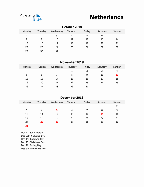 Printable Quarterly Calendar with Notes and The Netherlands Holidays- Q4 of 2018