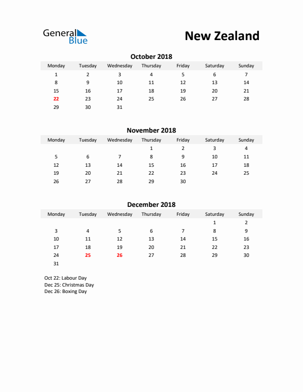 Printable Quarterly Calendar with Notes and New Zealand Holidays- Q4 of 2018