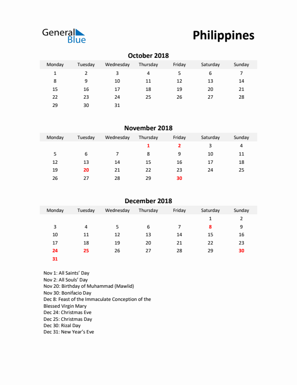 Printable Quarterly Calendar with Notes and Philippines Holidays- Q4 of 2018