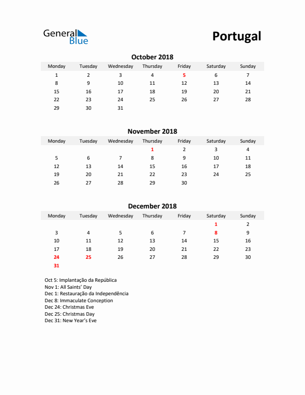 Printable Quarterly Calendar with Notes and Portugal Holidays- Q4 of 2018