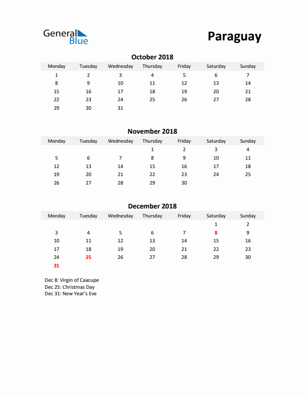 Printable Quarterly Calendar with Notes and Paraguay Holidays- Q4 of 2018