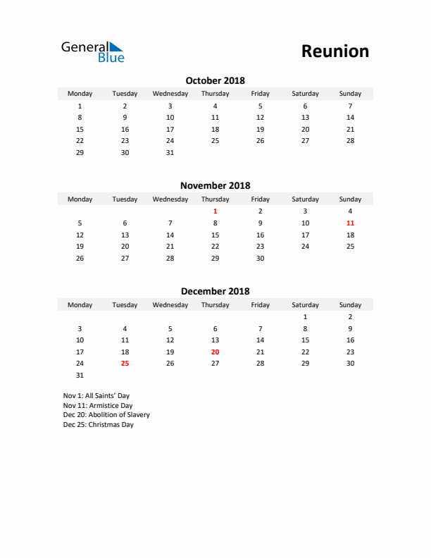 Printable Quarterly Calendar with Notes and Reunion Holidays- Q4 of 2018