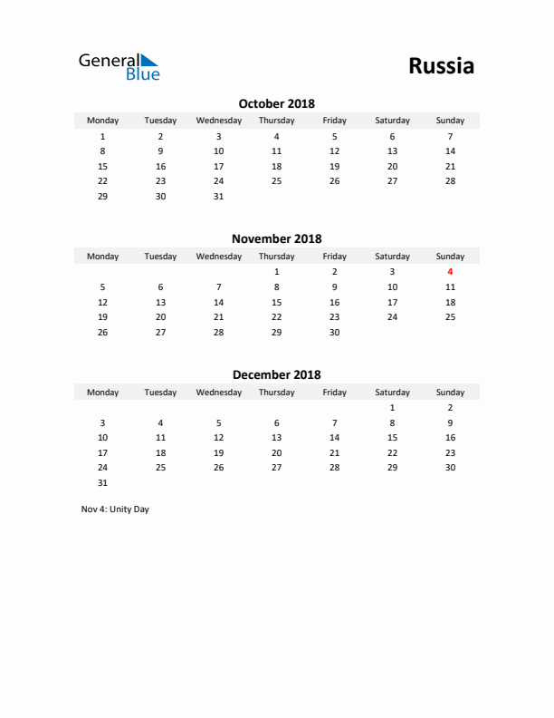 Printable Quarterly Calendar with Notes and Russia Holidays- Q4 of 2018