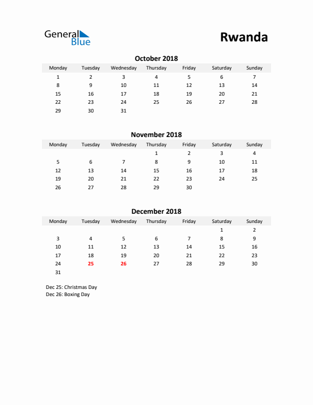 Printable Quarterly Calendar with Notes and Rwanda Holidays- Q4 of 2018