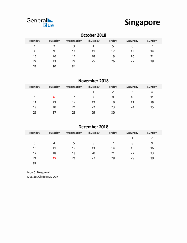 Printable Quarterly Calendar with Notes and Singapore Holidays- Q4 of 2018