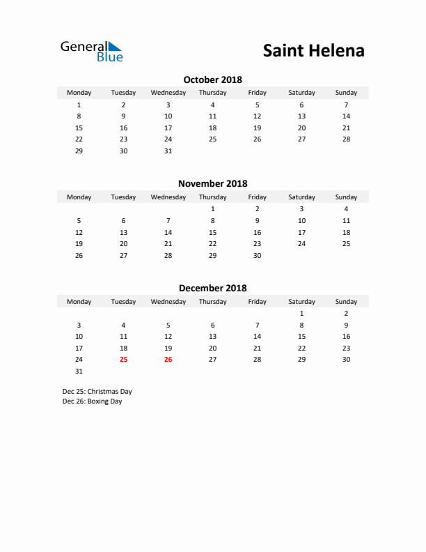 Printable Quarterly Calendar with Notes and Saint Helena Holidays- Q4 of 2018