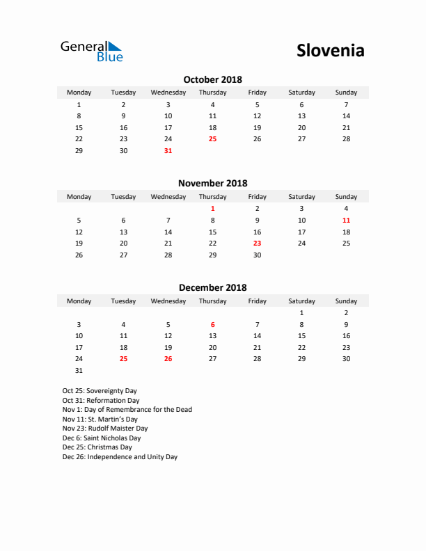 Printable Quarterly Calendar with Notes and Slovenia Holidays- Q4 of 2018