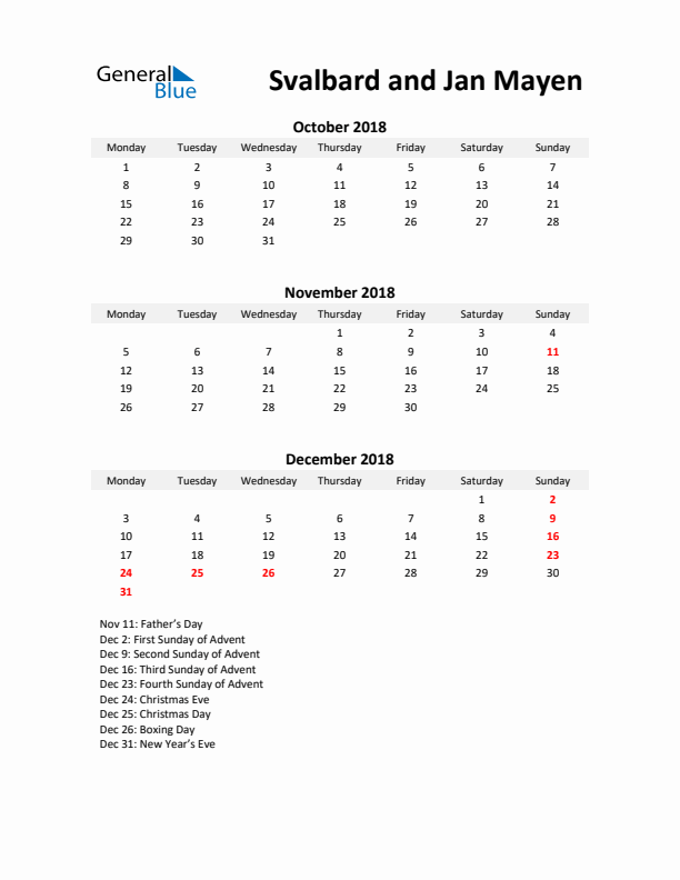 Printable Quarterly Calendar with Notes and Svalbard and Jan Mayen Holidays- Q4 of 2018