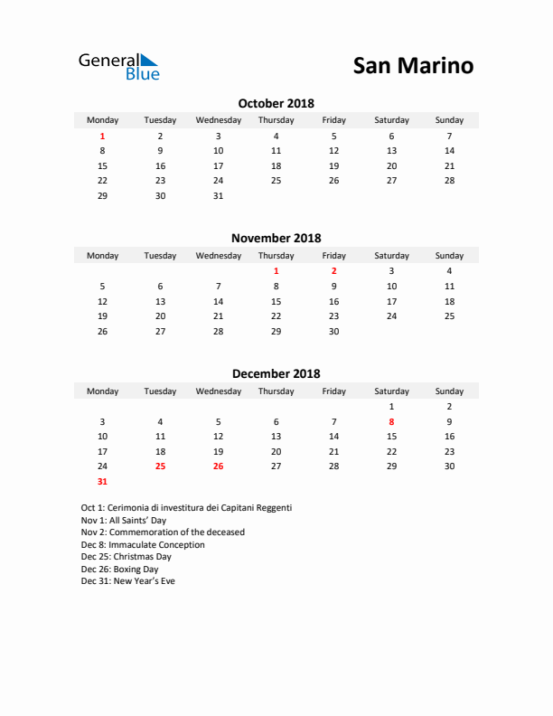 Printable Quarterly Calendar with Notes and San Marino Holidays- Q4 of 2018