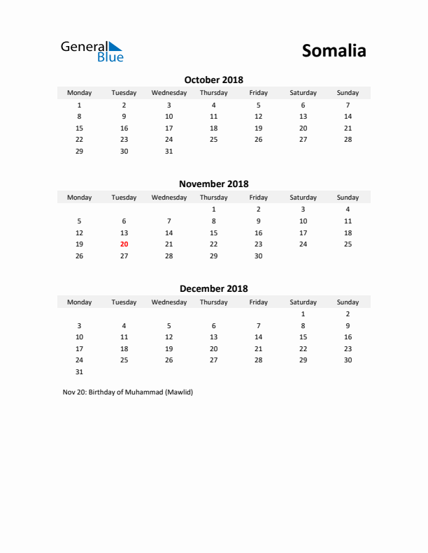 Printable Quarterly Calendar with Notes and Somalia Holidays- Q4 of 2018