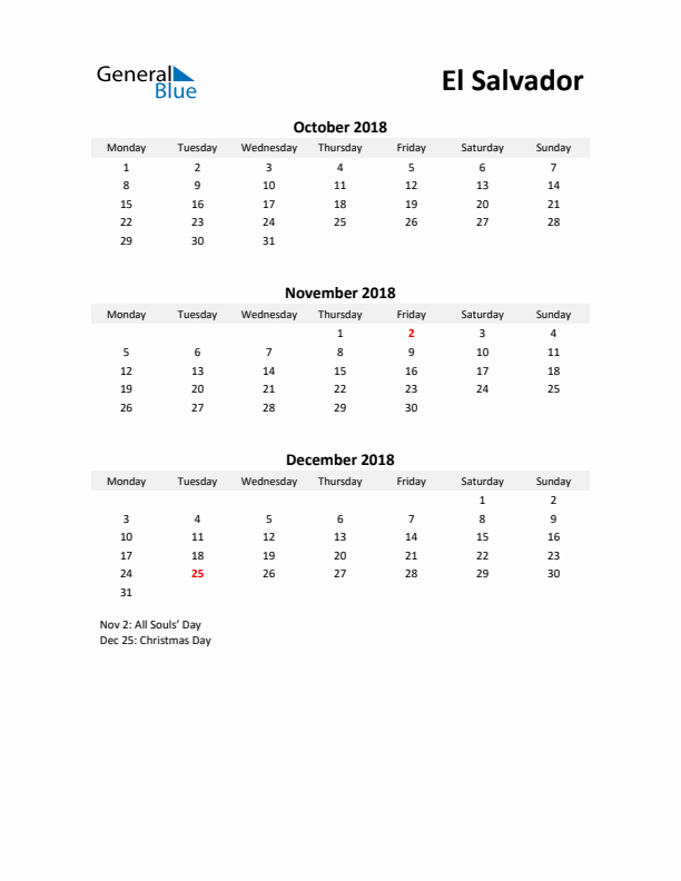 Printable Quarterly Calendar with Notes and El Salvador Holidays- Q4 of 2018