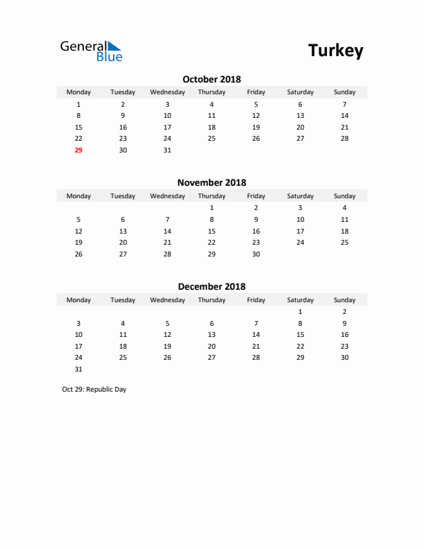 Printable Quarterly Calendar with Notes and Turkey Holidays- Q4 of 2018