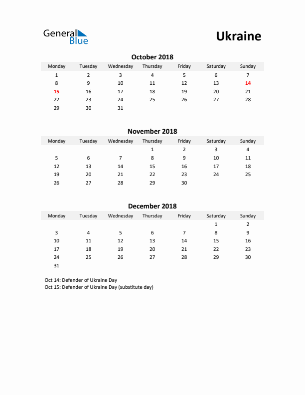 Printable Quarterly Calendar with Notes and Ukraine Holidays- Q4 of 2018