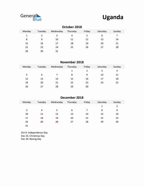 Printable Quarterly Calendar with Notes and Uganda Holidays- Q4 of 2018