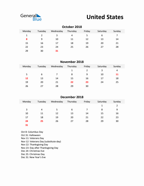 Printable Quarterly Calendar with Notes and United States Holidays- Q4 of 2018