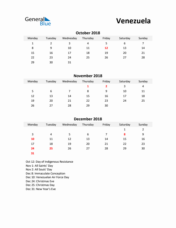 Printable Quarterly Calendar with Notes and Venezuela Holidays- Q4 of 2018