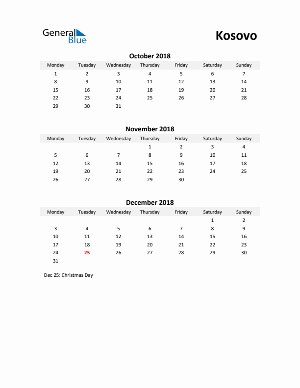 Printable Quarterly Calendar with Notes and Kosovo Holidays- Q4 of 2018