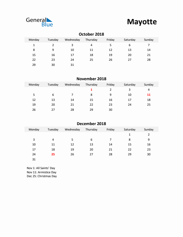 Printable Quarterly Calendar with Notes and Mayotte Holidays- Q4 of 2018