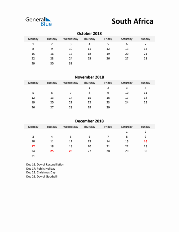 Printable Quarterly Calendar with Notes and South Africa Holidays- Q4 of 2018