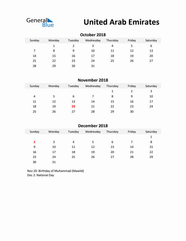 Printable Quarterly Calendar with Notes and United Arab Emirates Holidays- Q4 of 2018