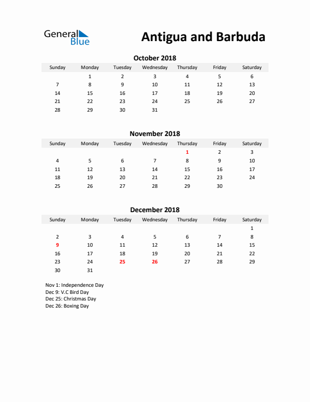 Printable Quarterly Calendar with Notes and Antigua and Barbuda Holidays- Q4 of 2018