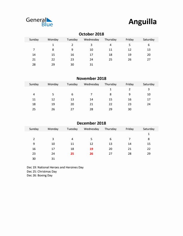 Printable Quarterly Calendar with Notes and Anguilla Holidays- Q4 of 2018