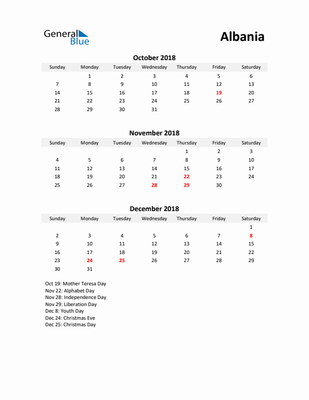 Printable Quarterly Calendar with Notes and Albania Holidays- Q4 of 2018