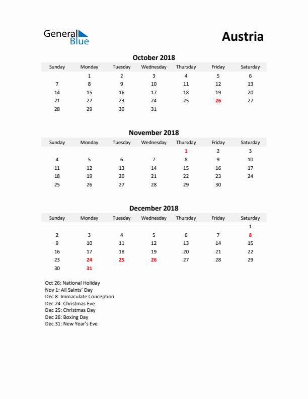 Printable Quarterly Calendar with Notes and Austria Holidays- Q4 of 2018