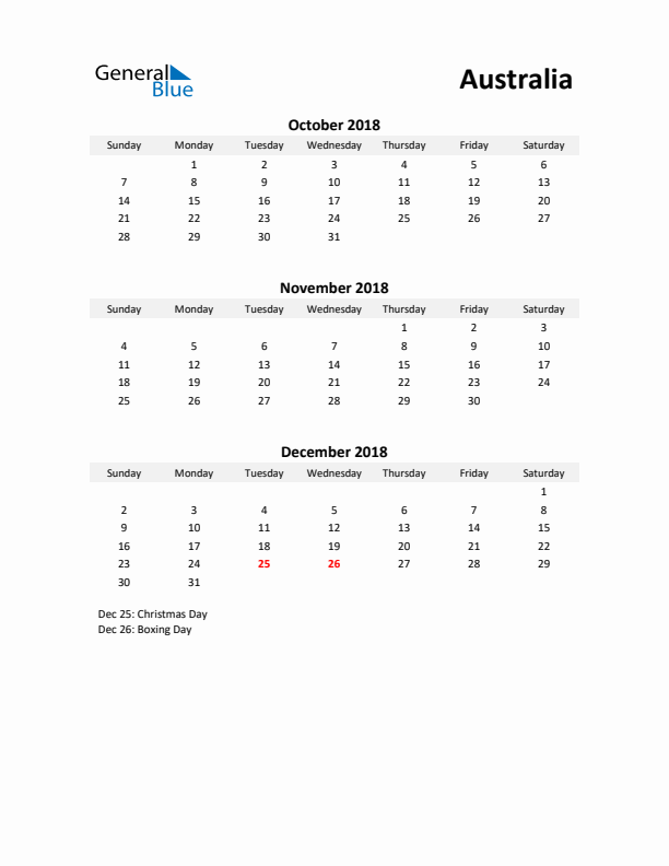 Printable Quarterly Calendar with Notes and Australia Holidays- Q4 of 2018