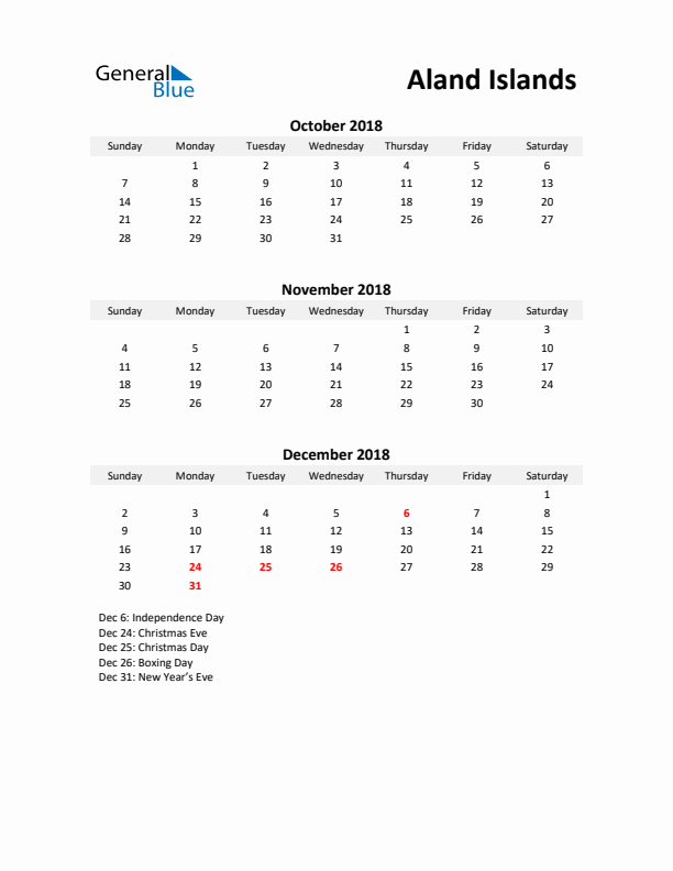 Printable Quarterly Calendar with Notes and Aland Islands Holidays- Q4 of 2018