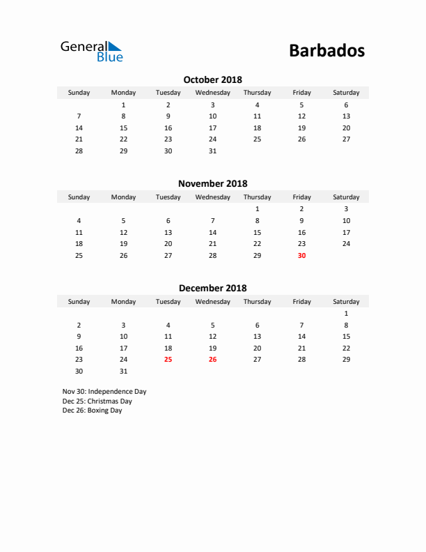 Printable Quarterly Calendar with Notes and Barbados Holidays- Q4 of 2018