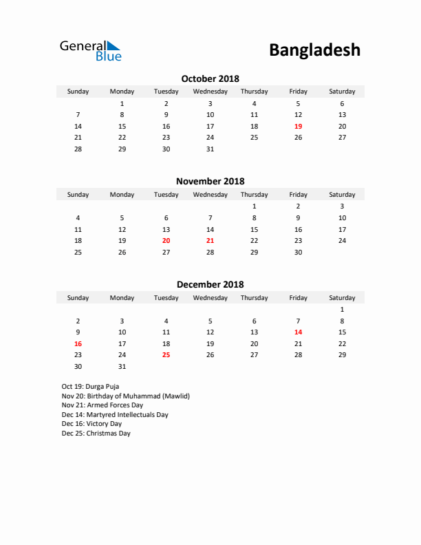 Printable Quarterly Calendar with Notes and Bangladesh Holidays- Q4 of 2018