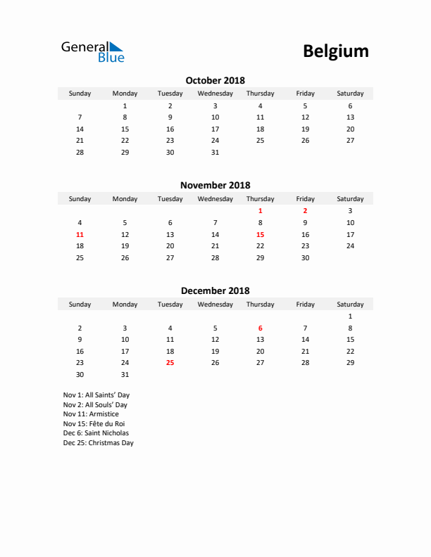 Printable Quarterly Calendar with Notes and Belgium Holidays- Q4 of 2018