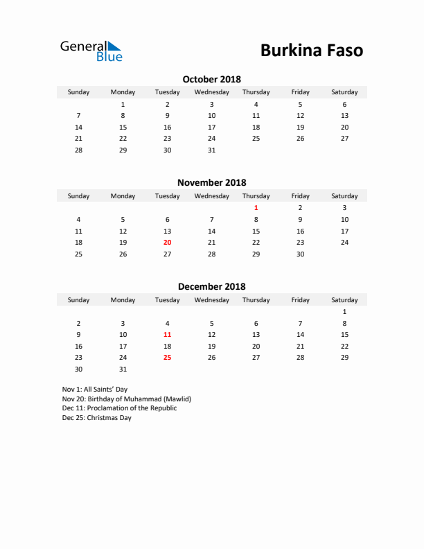 Printable Quarterly Calendar with Notes and Burkina Faso Holidays- Q4 of 2018