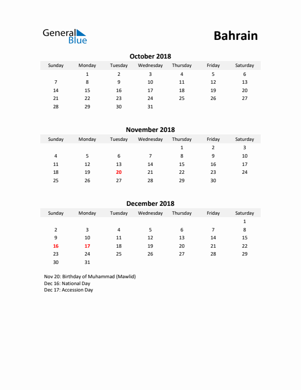 Printable Quarterly Calendar with Notes and Bahrain Holidays- Q4 of 2018