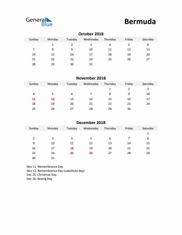 Printable Quarterly Calendar with Notes and Bermuda Holidays- Q4 of 2018