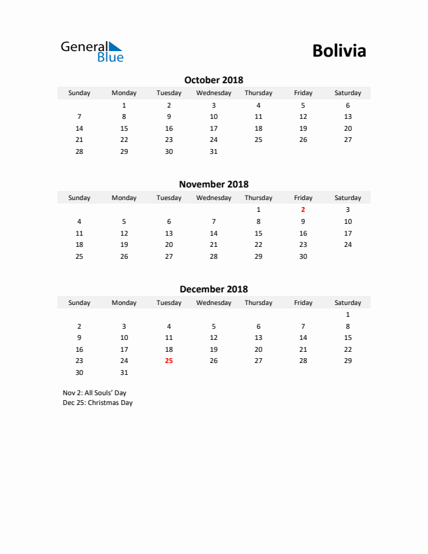 Printable Quarterly Calendar with Notes and Bolivia Holidays- Q4 of 2018