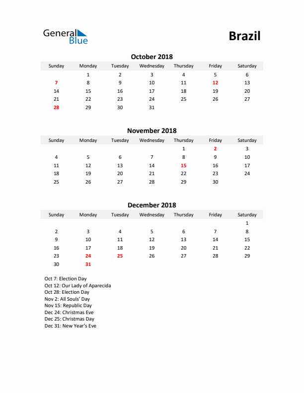 Printable Quarterly Calendar with Notes and Brazil Holidays- Q4 of 2018