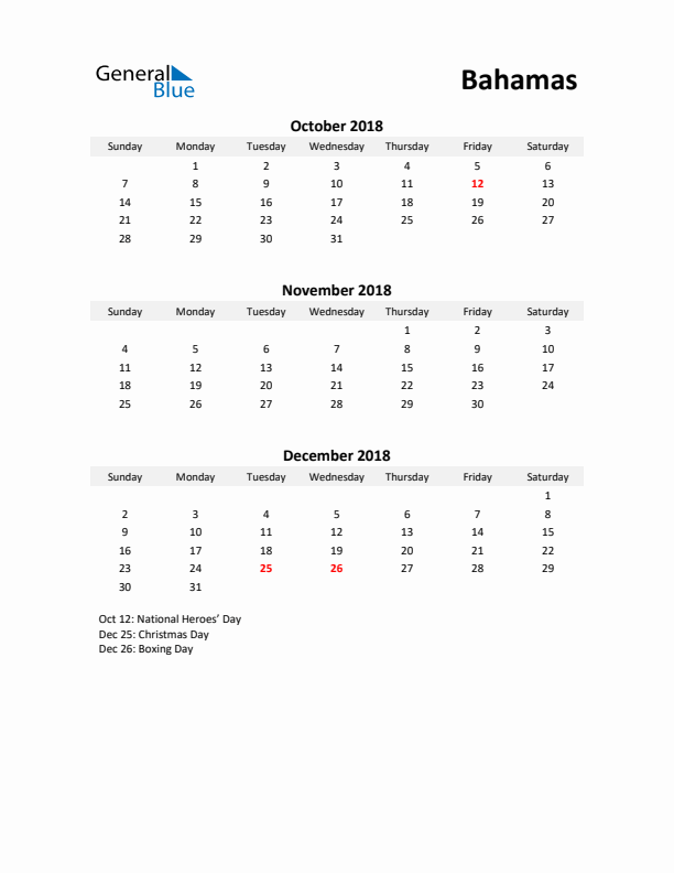 Printable Quarterly Calendar with Notes and Bahamas Holidays- Q4 of 2018