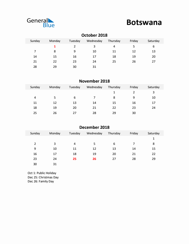 Printable Quarterly Calendar with Notes and Botswana Holidays- Q4 of 2018