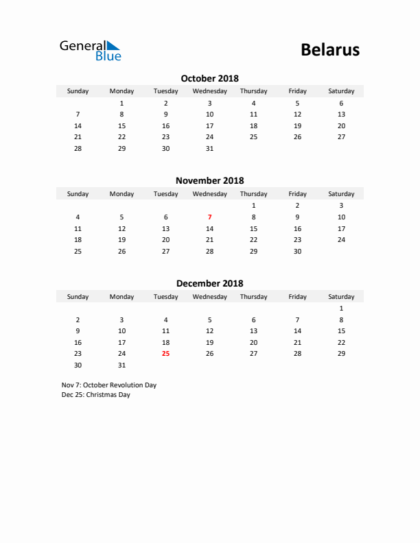 Printable Quarterly Calendar with Notes and Belarus Holidays- Q4 of 2018