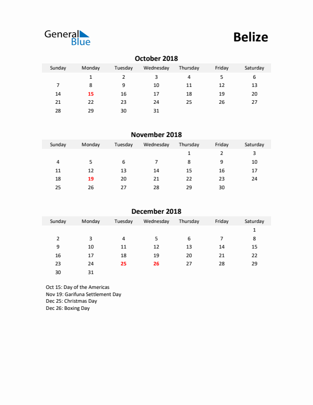 Printable Quarterly Calendar with Notes and Belize Holidays- Q4 of 2018