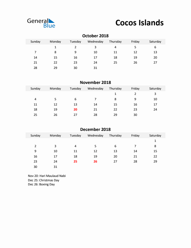 Printable Quarterly Calendar with Notes and Cocos Islands Holidays- Q4 of 2018