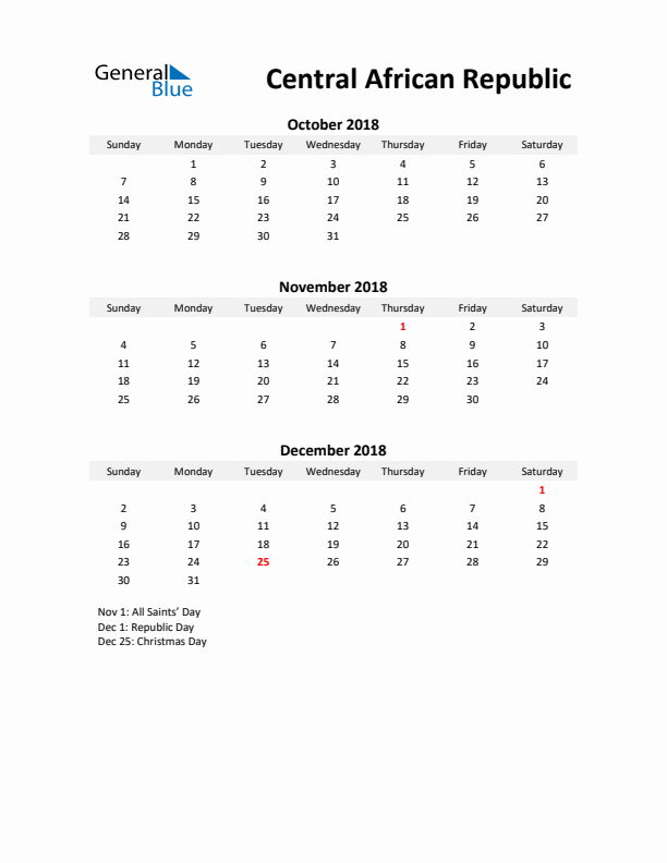 Printable Quarterly Calendar with Notes and Central African Republic Holidays- Q4 of 2018