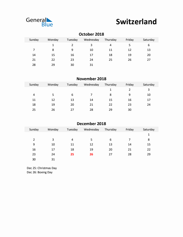 Printable Quarterly Calendar with Notes and Switzerland Holidays- Q4 of 2018