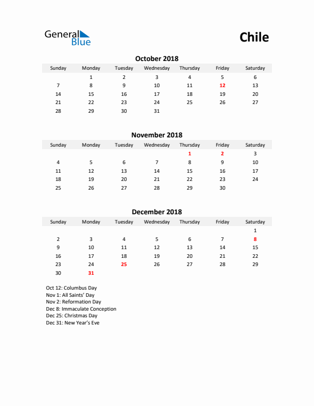 Printable Quarterly Calendar with Notes and Chile Holidays- Q4 of 2018