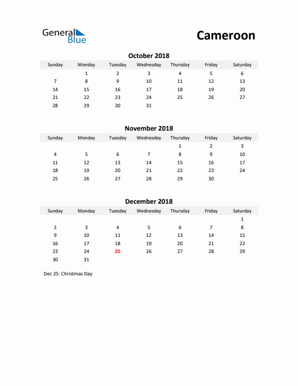 Printable Quarterly Calendar with Notes and Cameroon Holidays- Q4 of 2018